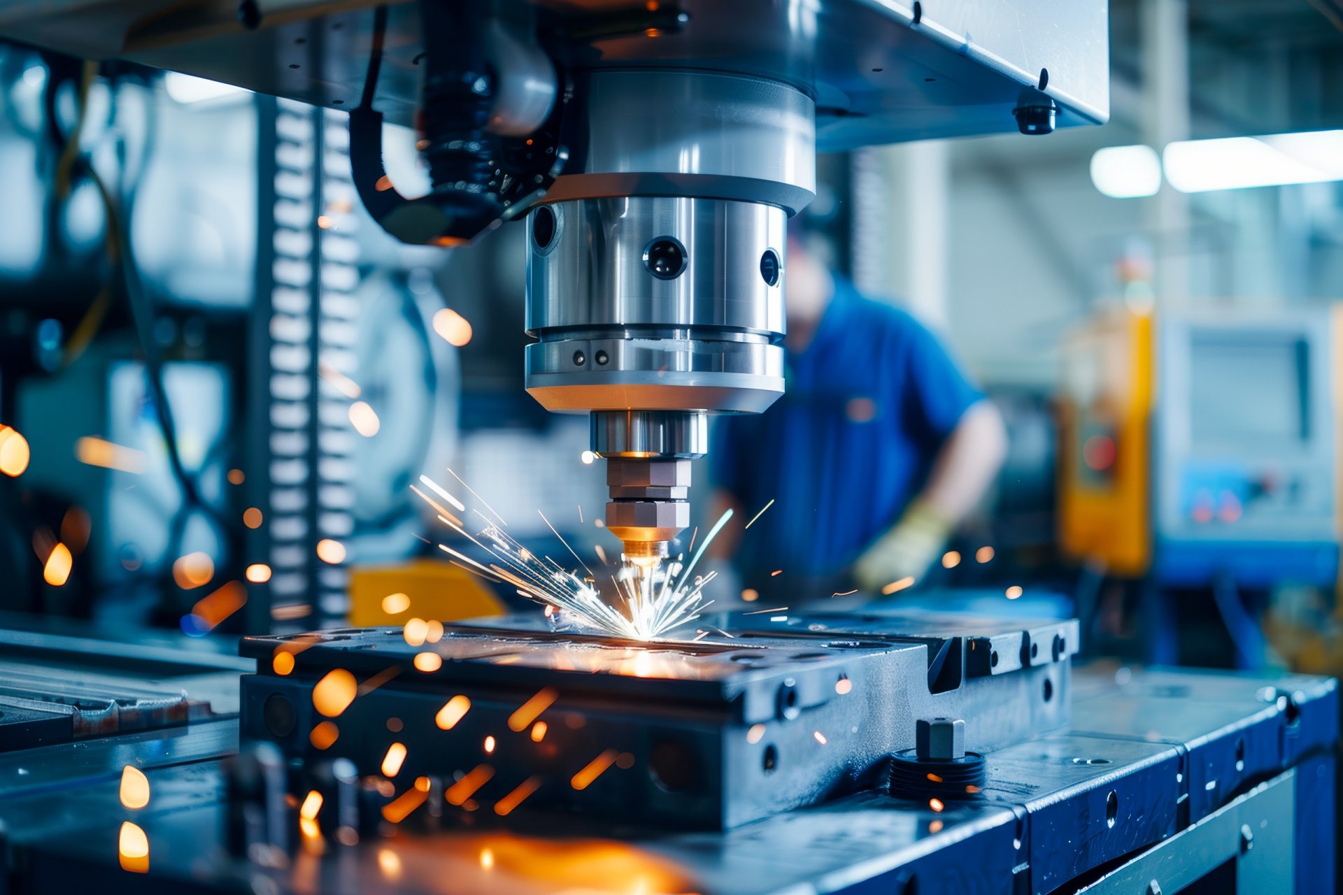 CNC-Maschine bei der Metallbearbeitung mit Funkenflug, im Hintergrund unscharfer Bediener