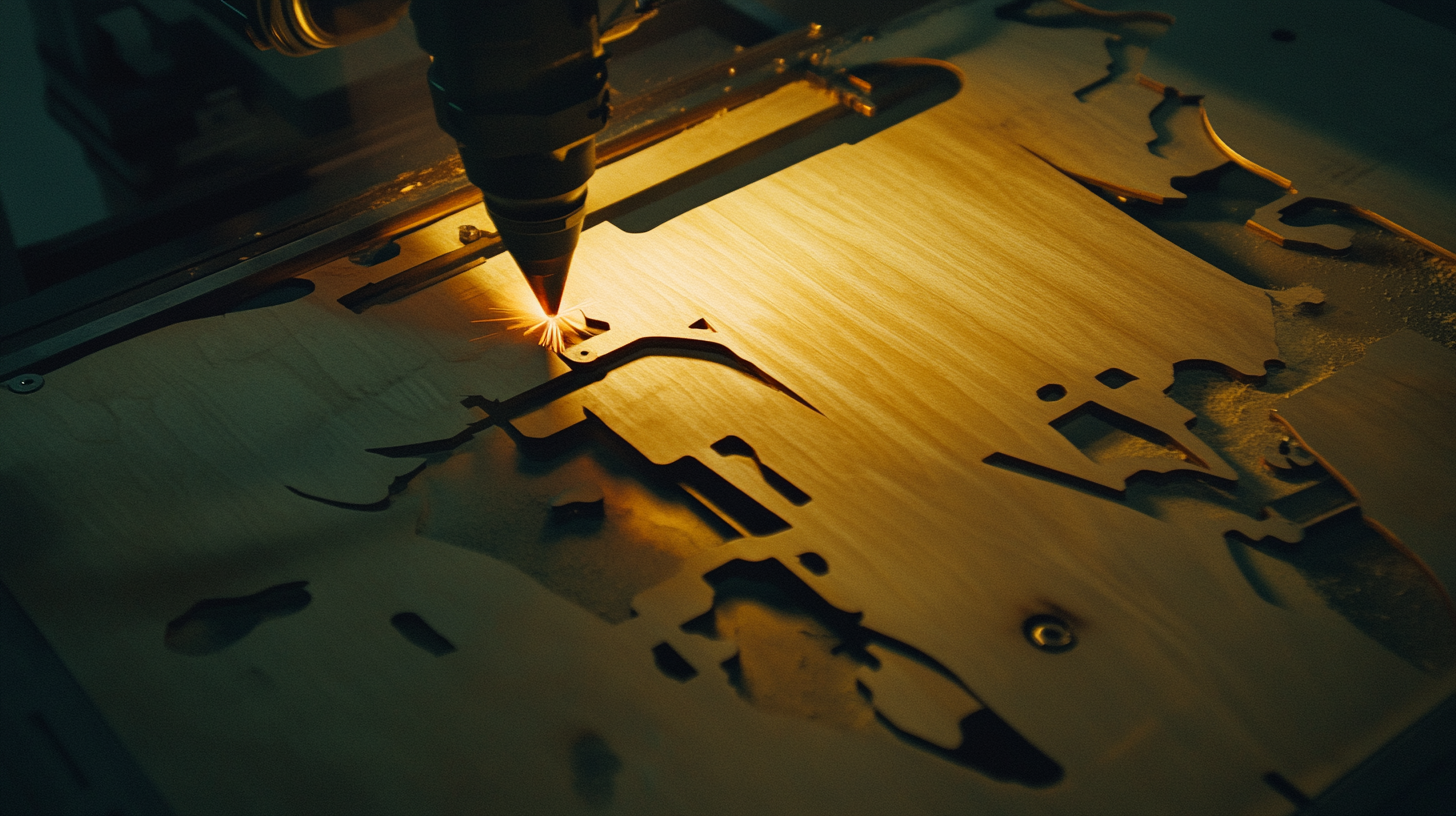 CNC-gesteuerter Laserkopf schneidet komplexe Muster in Holzplatte