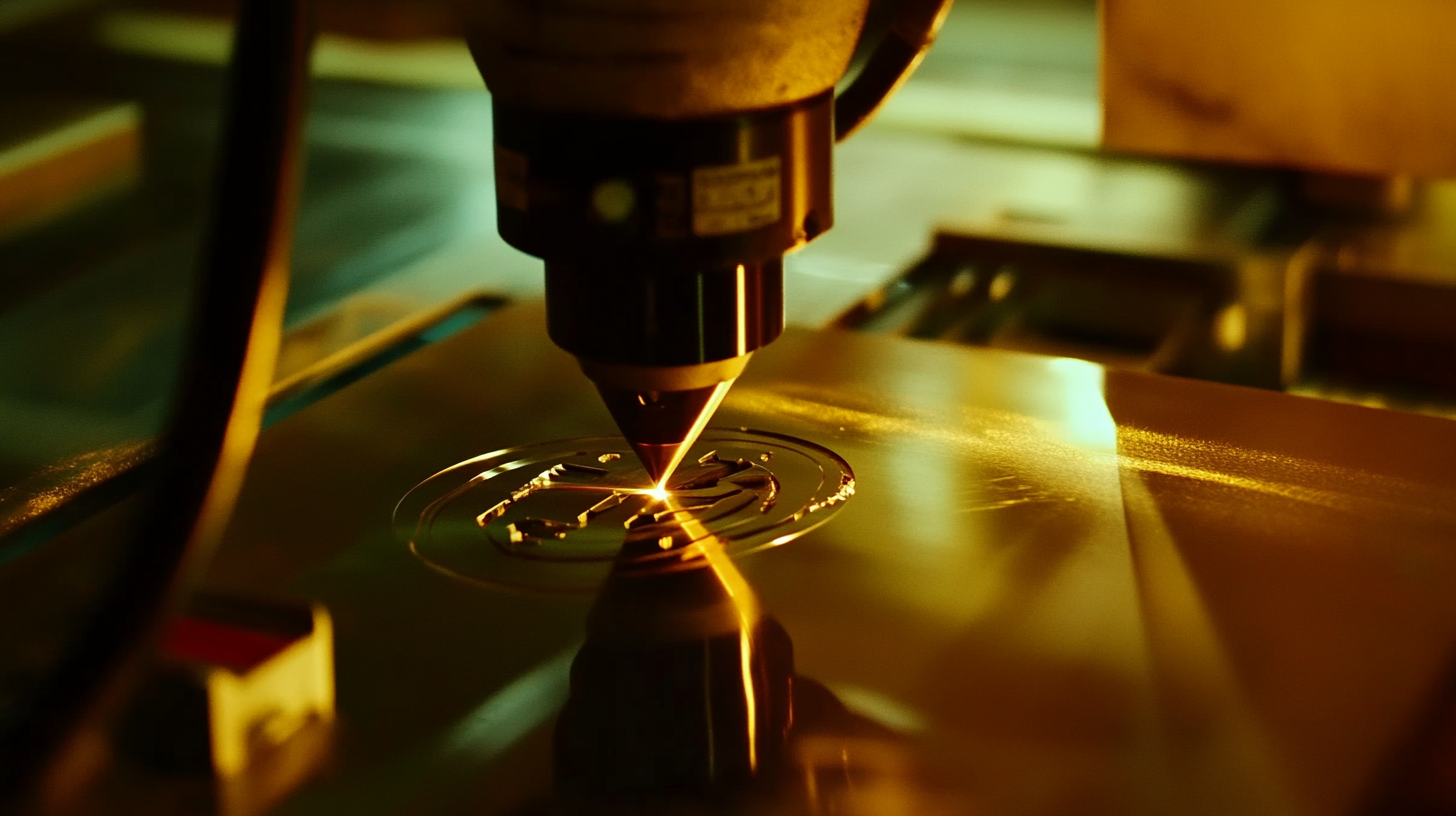 Laserschneidkopf graviert rundes Symbol in glänzendes Metallstück