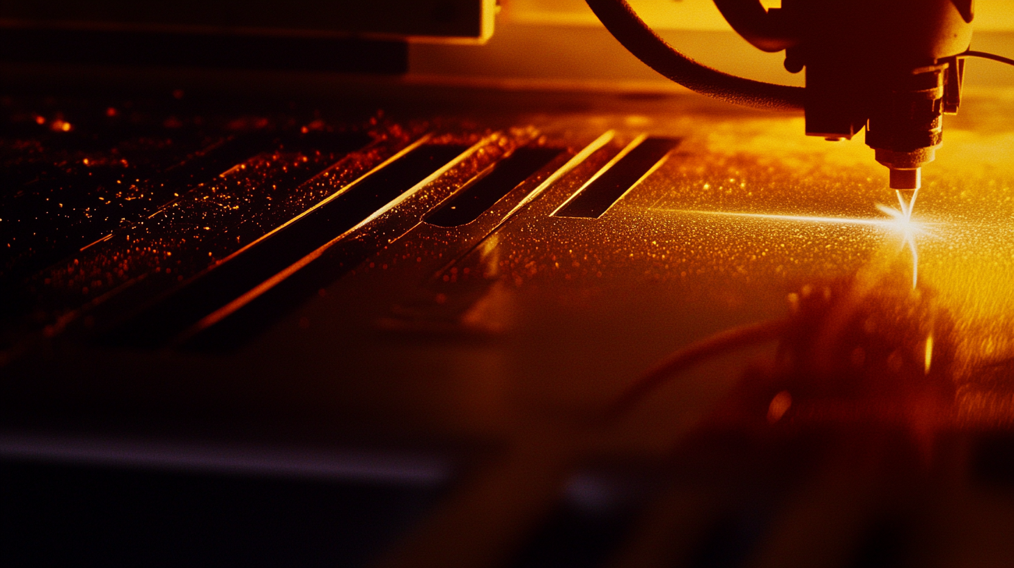 Laserschneidanlage bearbeitet Metallplatte mit feinem Lichtstrahl in warmem Licht