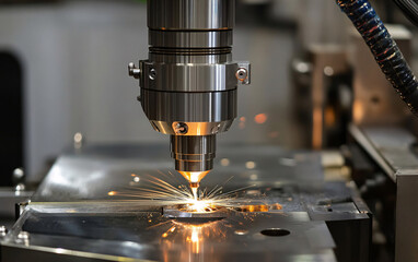 Industrieller Laserschneidkopf erzeugt Funken beim Schneiden von Metall