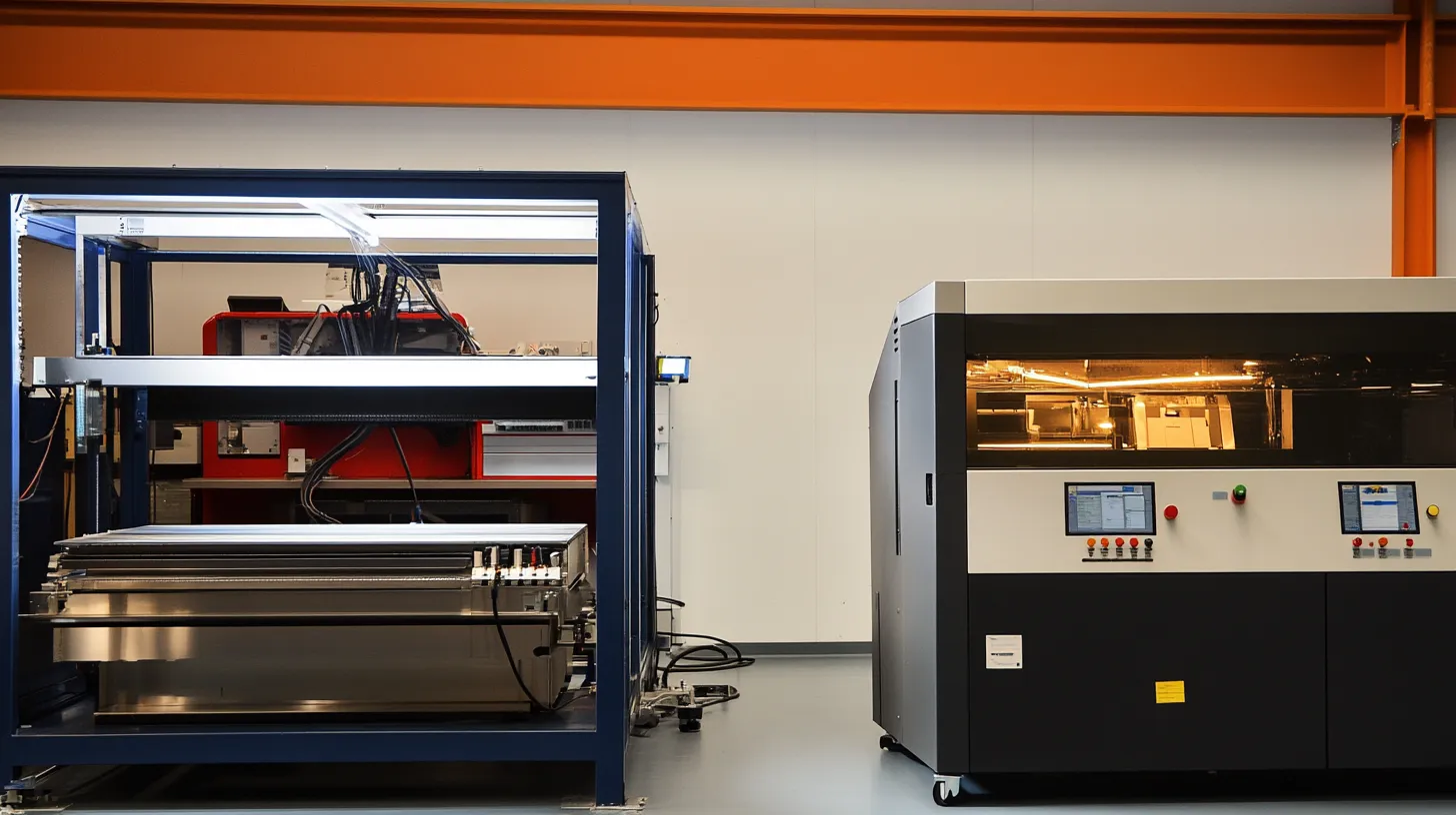 Zwei moderne Industrieanlagen nebeneinander – automatisierte Fertigungszelle in Produktionshalle