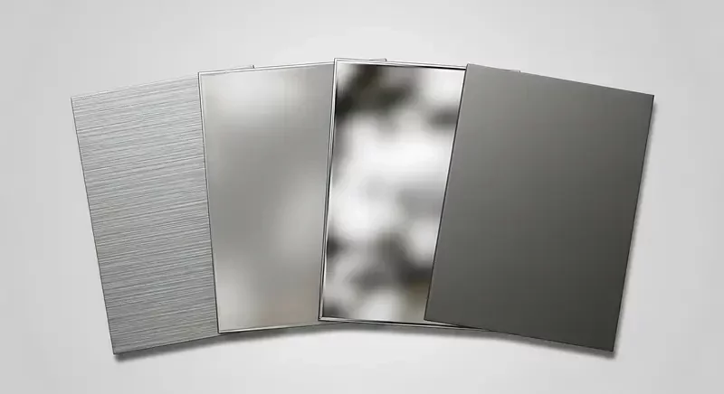 Vier verschiedene Metall-Musterplatten im Vergleich zur Veranschaulichung von Oberflächen-Finishes wie matt, gebürstet, glatt und technisch rein